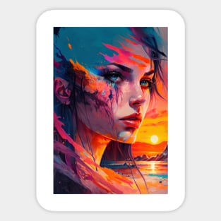 Beautiful Girl Abstract Art with Setting Sun Sticker